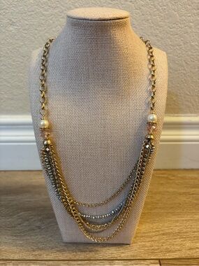 Chico's Gold & Silver-Tone Layered Chain Necklace with Pearl and Crystal Accents